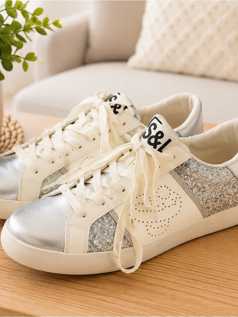 Sam & Libby Cream and Silver Glitter Lace-Up Sneakers